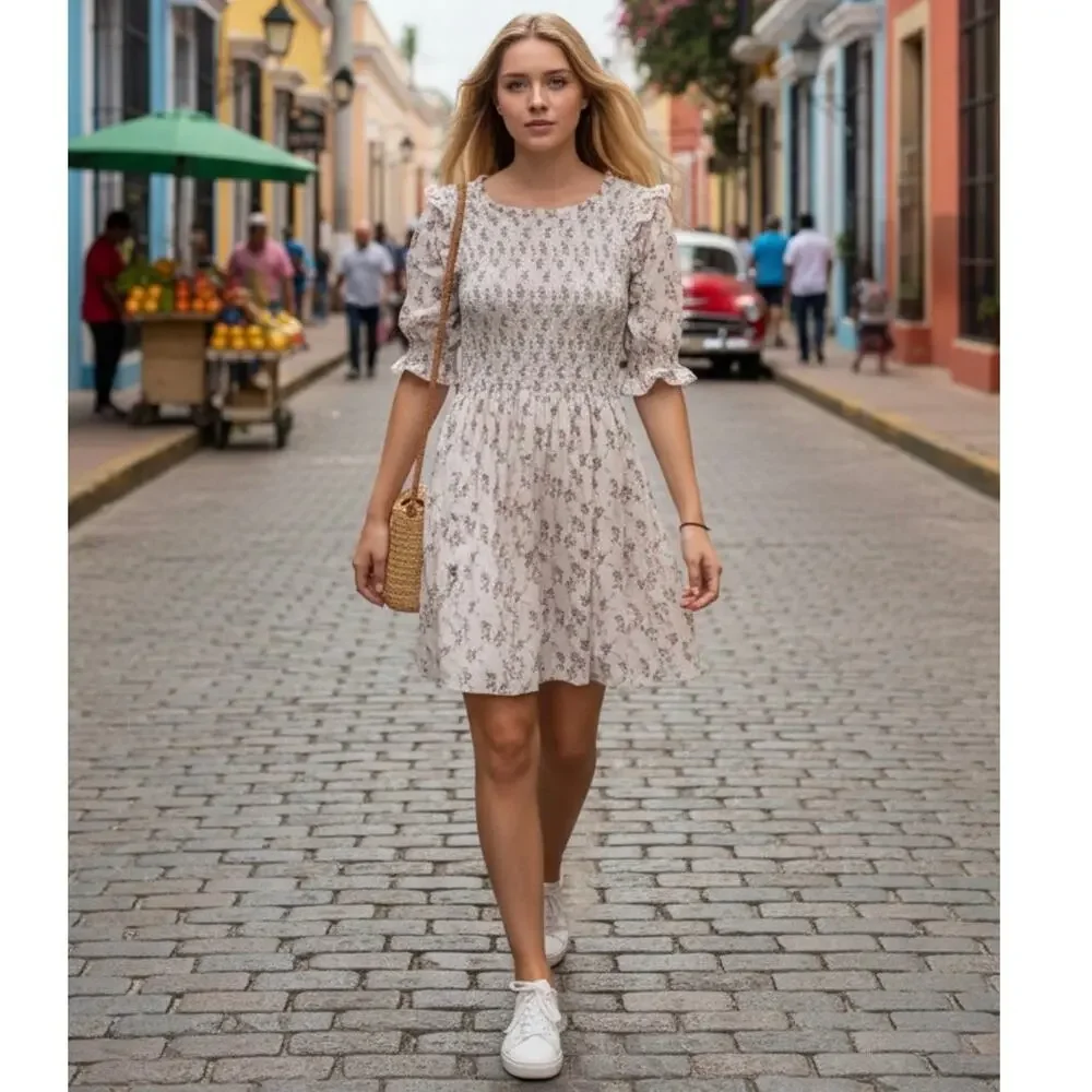 Dondolo x LoveShackFancy Rose Garden Smocked Short Dress Cream Size XXL - Picture 1 of 13